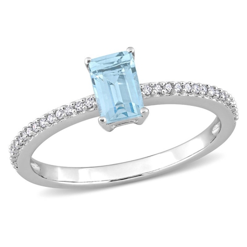 GEM AND HARMONY  7/10 Carat (Ctw) Emerald Cut Topaz & Diamond Solitaire Ring In 10K White Gold In Blue