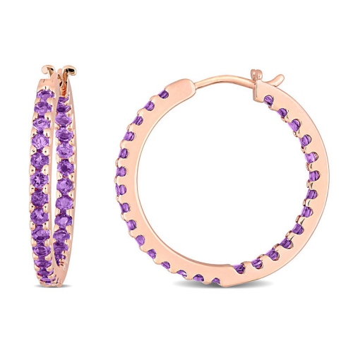 GEM AND HARMONY  1.60 Carat (Ctw) Amethyst In And Out Hoop Earrings In 10K Rose Gold In Pink