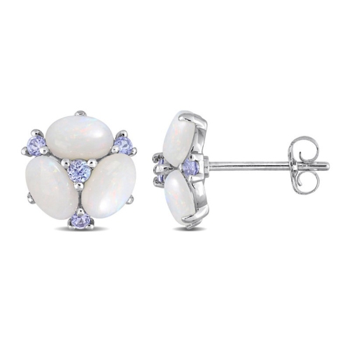 GEM AND HARMONY  1.40 Carat (Ctw) Opal Flower And Tanzanite Button Earrings In 14K Gold In White
