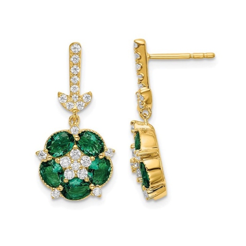 Boucles d'oreilles fleur émeraude synthétique en laboratoire 1.60&nbsp;carat or jaune 14 ct avec diamants cultivés en laboratoire