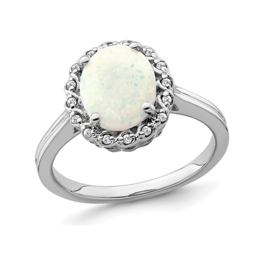 GEM AND HARMONY  3.00 Carat (Ctw) Lab-Created Opal Ring In 14K Gold With Accent Diamonds In White