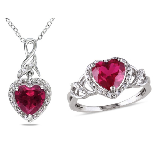 4.50 Carat Lab-Created Ruby Heart Ring and Matching Pendant in Sterling Silver