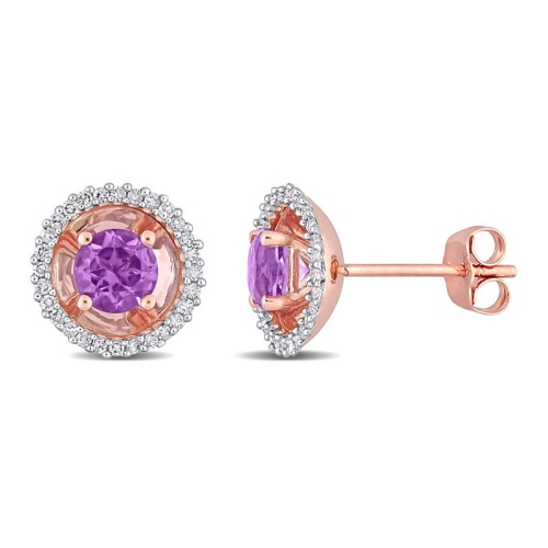 4/5 Carat Amethyst Solitaire Halo Earrings in 14K Rose Pink Gold with Diamonds
