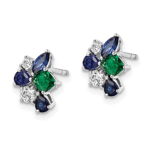 9/10 Carat Lab-Created Blue Sapphire and Emerald Cluster Earrings in 14K White Gold with Lab-Grown Diamonds