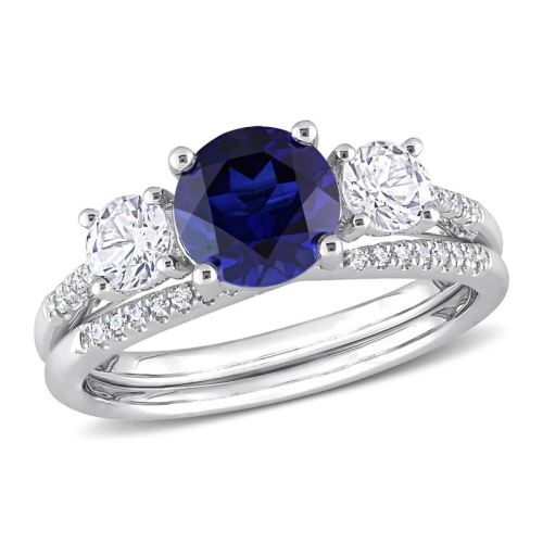 GEM AND HARMONY  1.60 Carat (Ctw) Lab-Created Sapphire Engagement Ring & Bridal Wedding Set With Diamonds 10K White Gold In Blue