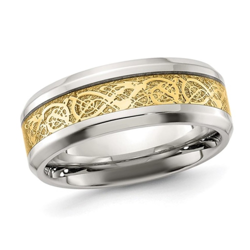 GEM AND HARMONY  Mens Plated Stainless Steel Band Ring With Inlay Design (8.0, Mm) In Yellow
