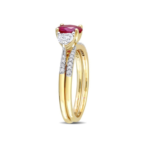 1.90 Carat Lab-Created Ruby and White Sapphire Bridal Engagement Wedding Ring Set 10K Yellow Gold