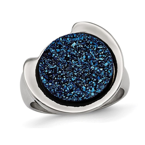 GEM AND HARMONY  Druzy Quartz Ring In Polished Stainless Steel In Blue