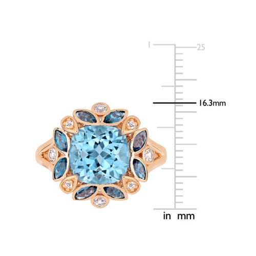 4.65 Carat Blue and White Topaz Flower Ring in Rose Pink Plated Sterling Silver