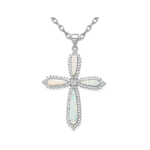 GEM AND HARMONY  Large Lab-Created Opal Cross Pendant Necklace In Sterling With Cubic Zirconia (Cz)S And Chain In Silver