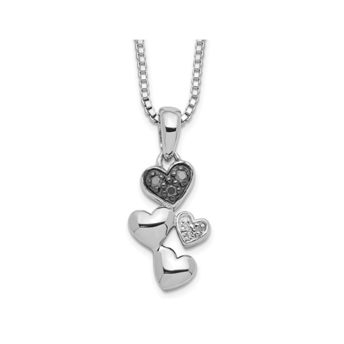GEM AND HARMONY  Black & Accent Diamond Triple Heart Pendant Necklace In Sterling Silver With Chain In White