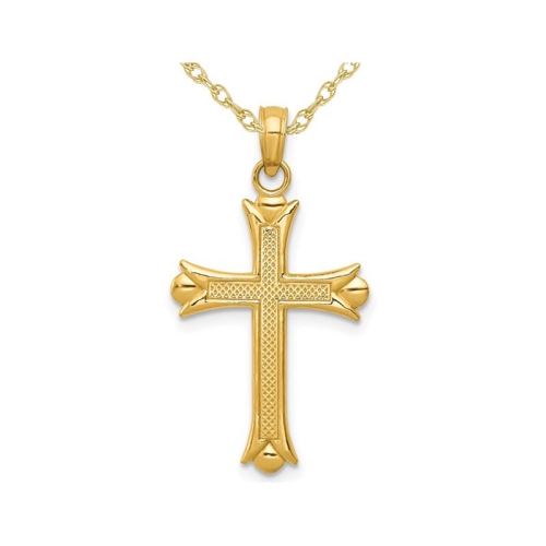GEM AND HARMONY  14K Gold Fleur De Lis Cross Pendant Necklace With Chain In Yellow