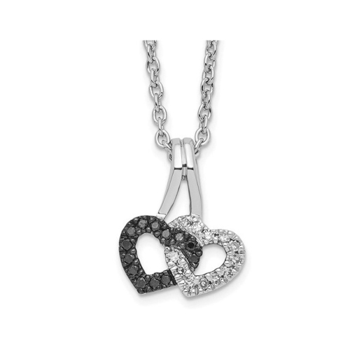 GEM AND HARMONY  1/10 Carat (Ctw) Black & Diamond Double Heart Pendant Necklace In Sterling Silver With Chain In White
