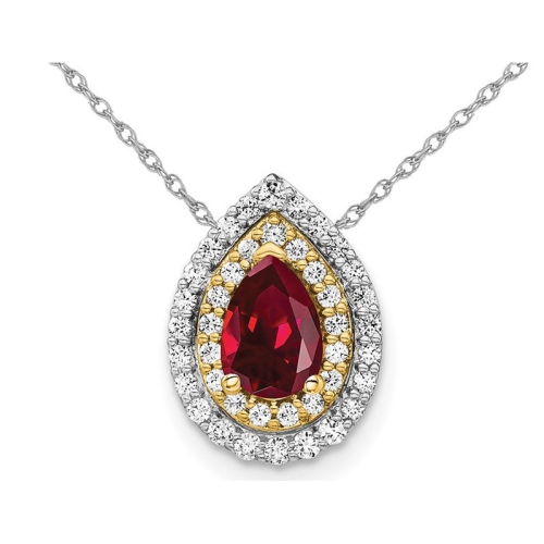 GEM AND HARMONY  1.00 Carat (Ctw) Lab-Created Ruby Drop Pendant Necklace In 14K Gold With Lab-Grown Diamonds In White