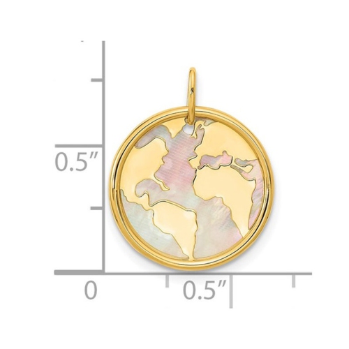 14K Yellow Gold Mother of Pearl Planet Earth Charm Pendant Necklace with Chain