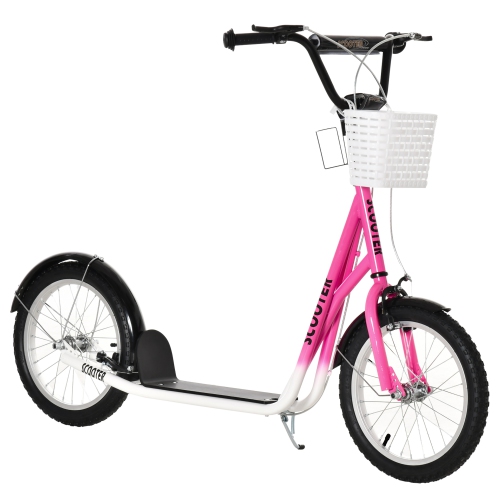 Trottinette pour enfants Teen Ride On d'Aosom avec guidon réglable 2 freins panier porte-gobelet Mudguard 16 po pneus gonflables en caoutchouc rose