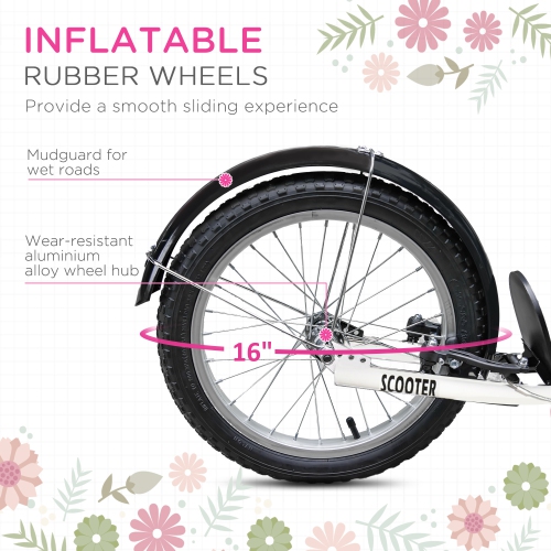 Aosom Kick Scooter for Kids Teen Ride On Children Scooter with Adjustable Handlebar 2 Brakes Basket Cupholder Mudguard 16" Inflatable Rubber Tyres