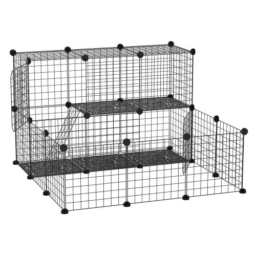 PawHut Pet Playpen, DIY Small Animal Cage Fence, Customizable Two-Storey Crate Kennel, for Rabbit Chinchilla Hedgehog Guinea Pig, Black