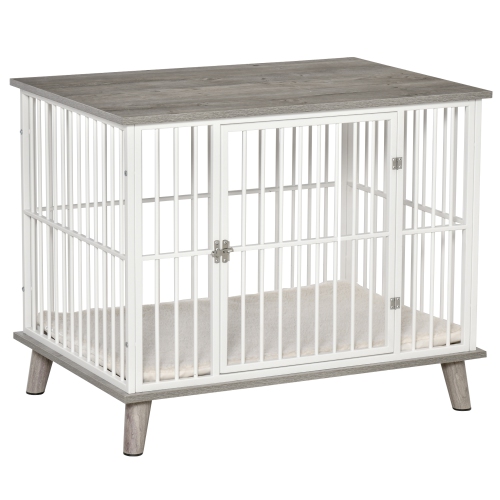 PawHut Dog Crate, Furniture Style Pet Cage Kennel, End Table, Decorative Dog House, with Soft Cushion, Wooden Top, Door, for Small & Medium Dogs, Ind