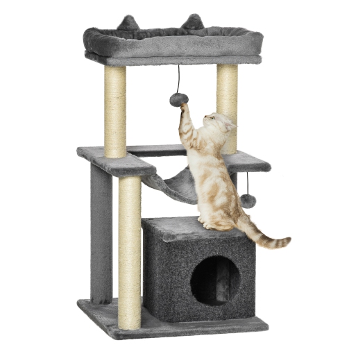 PawHut Cat Tree Tower Multi-Level Kitten House with Scratching Post Condo Hammock Bed Ball Toy - 19 x 19 x 35.5 Inches, Gray