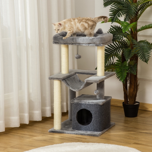 PawHut Cat Tree Tower Multi-Level Kitten House with Scratching Post Condo Hammock Bed Ball Toy - 19 x 19 x 35.5 Inches, Grey