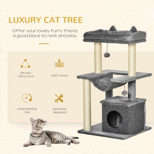 PawHut Cat Tree Tower Multi-Level Kitten House with Scratching Post Condo Hammock Bed Ball Toy - 19 x 19 x 35.5 Inches, Grey
