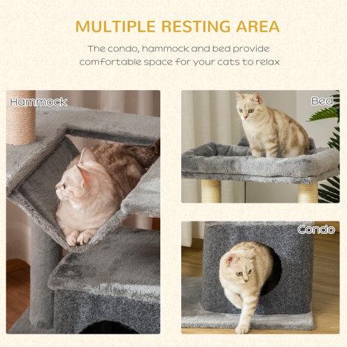 PawHut Cat Tree Tower Multi-Level Kitten House with Scratching Post Condo Hammock Bed Ball Toy - 19 x 19 x 35.5 Inches, Grey