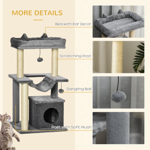 PawHut Cat Tree Tower Multi-Level Kitten House with Scratching Post Condo Hammock Bed Ball Toy - 19 x 19 x 35.5 Inches, Grey