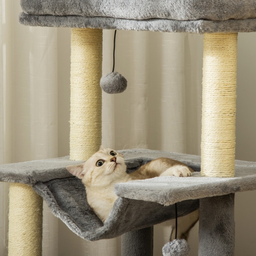PawHut Cat Tree Tower Multi-Level Kitten House with Scratching Post Condo Hammock Bed Ball Toy - 19 x 19 x 35.5 Inches, Grey