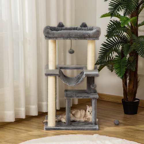 PawHut Cat Tree Tower Multi-Level Kitten House with Scratching Post Condo Hammock Bed Ball Toy - 19 x 19 x 35.5 Inches, Grey
