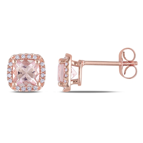 GEM AND HARMONY  1.20 Carat (Ctw) Morganite & Diamond Halo Post Earrings In 10K Rose Gold In Pink