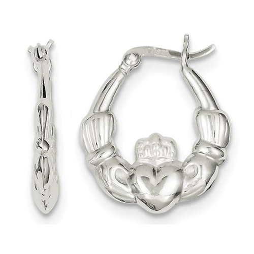 GEM AND HARMONY  Sterling Polished Claddagh Hoop Earrings In Silver