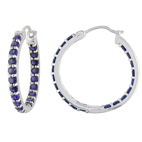 GEM AND HARMONY  3.60 Carat (Ctw) Lab-Created Sapphire In And Out Hoop Earrings In Sterling Silver In Blue