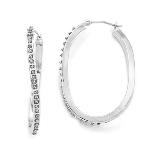 Accent Diamond Oval Hoop Twist Earrings in 14K White Gold