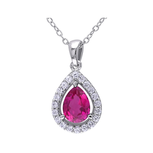 GEM AND HARMONY  2.20 Carat (Ctw) Lab Created Ruby And Created Sapphire Teardrop Pendant Necklace In Sterling Silver With Chain In White