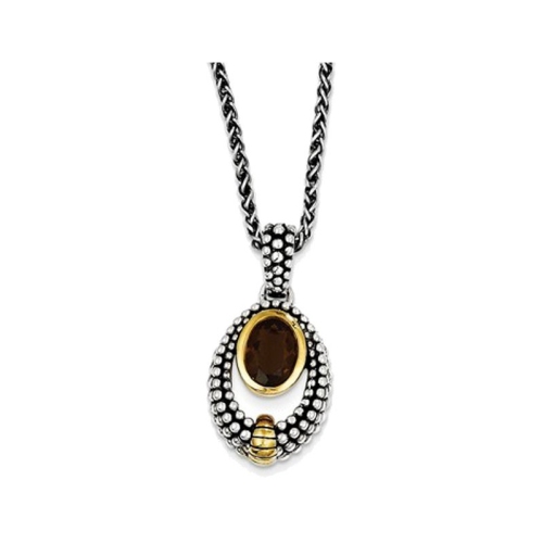 1.19 Carat Smoky Quartz Pendant Necklace in Sterling Silver with 14K Gold Accents