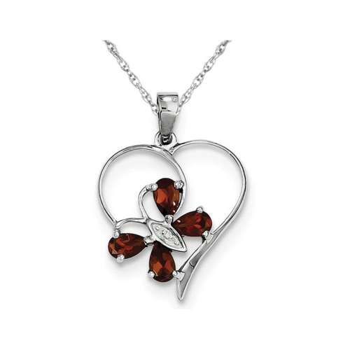 Sterling Silver Garnet Butterfly Heart Pendant Necklace 9/10 Carat with Chain