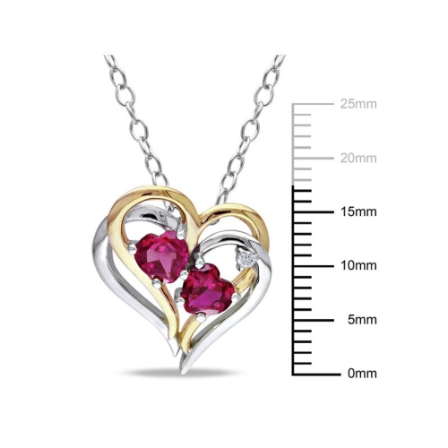 1.20 Carat Lab-Created Ruby Heart Pendant Necklace with Diamonds in Yellow Plated Sterling Silver with chain