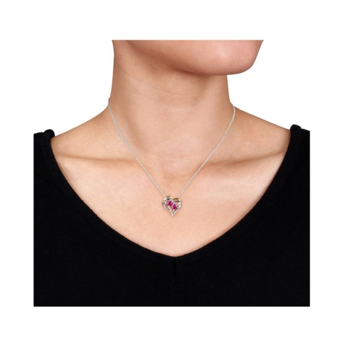 1.20 Carat Lab-Created Ruby Heart Pendant Necklace with Diamonds in Yellow Plated Sterling Silver with chain