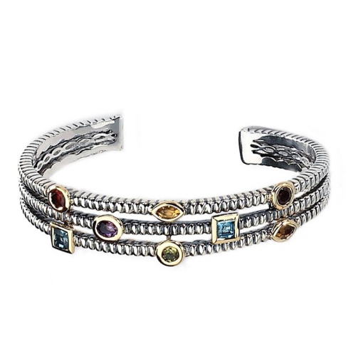 Multi-Gemstone Cuff Bracelet in Sterling Silver with 14K Gold Accents