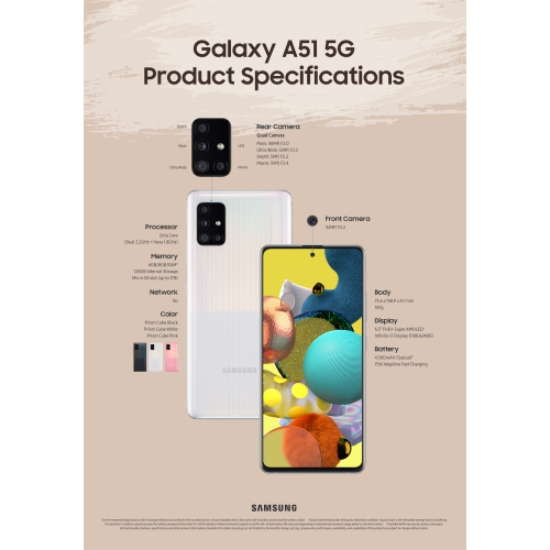 Remis à neuf - Galaxy A51 5G de Samsung | mémoire de 128GB go| remis à neuf certifié| Prism Cube noir