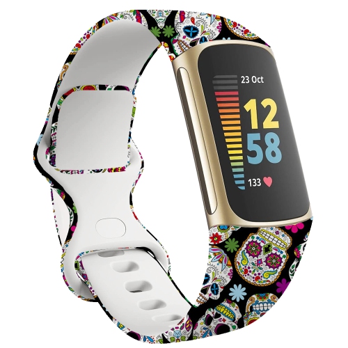 StrapsCo Smooth Silicone Rubber Pattern Infinity Watch Strap for Fitbit Charge 5 - Short-Medium - Sugar Skull