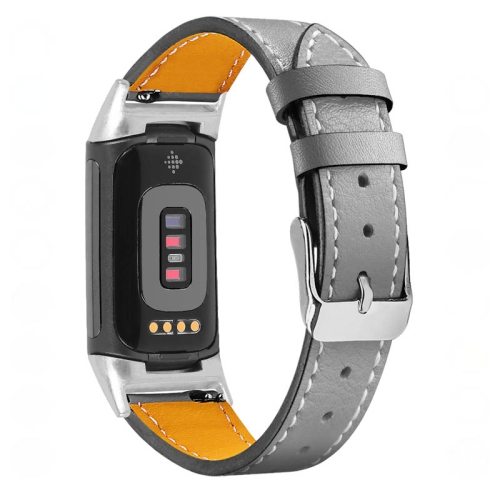 Image 1 of 2.. StrapsCo Smooth Genuine Leather Watch Strap Band for Fitbit Charge 5 - Grey