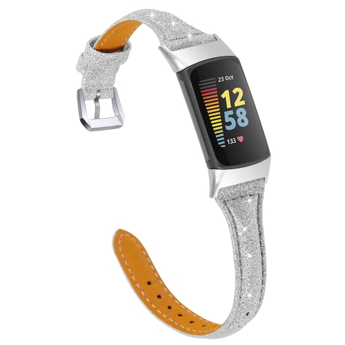 Bracelet de montre en cuir véritable StrapsCo avec Sparkles pour Fitbit Charge 5 - Argent métallique