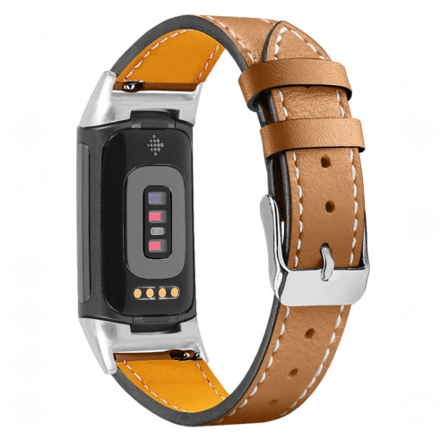 Image 1 de 2.. Bande de bracelet de montre en cuir véritable StrapsCo pour la charge Fitbit 5 - Brun clair