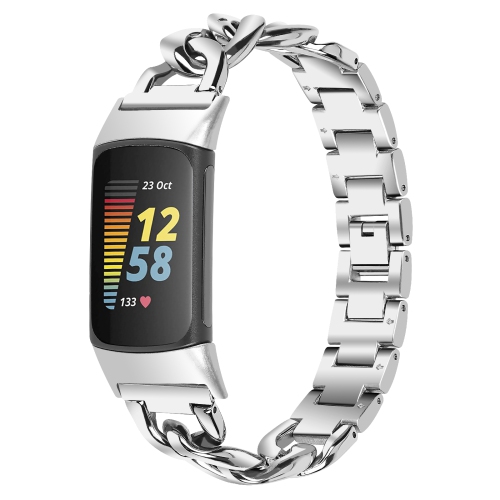 StrapsCo Stainless Steel Cuban Link Bracelet - Watch Strap for Fitbit Charge 5 - Silver