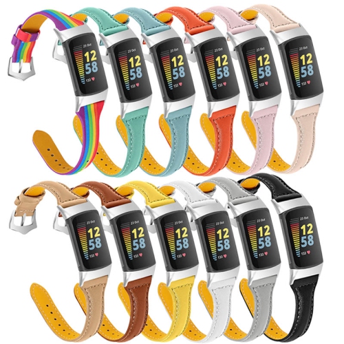 StrapsCo Slim Genuine Leather Band - Watch Strap for Fitbit Charge 5 - Brown