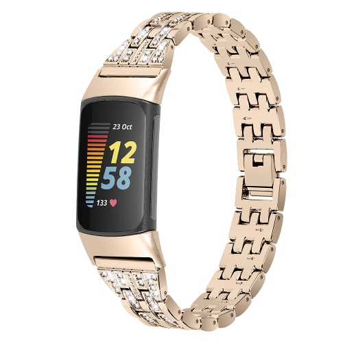 StrapsCo Chic Rhinestone Embedded Stainless Steel Watch Band for Fitbit Charge 5 - Champagne Gold