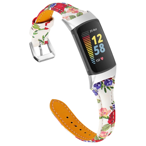 Image 1 of 3.. StrapsCo Floral Patterned Genuine Leather Watch Band Strap for Fitbit Charge 5 - Bloom 2