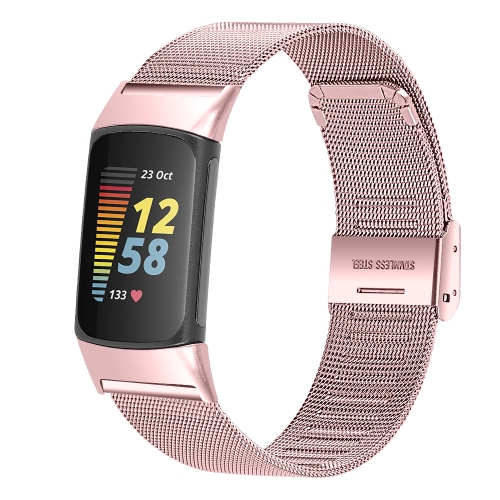 STRAPSCO  Fine Stainless Steel Mesh Bracelet Watch Band for Fitbit Charge 5 - In Pink